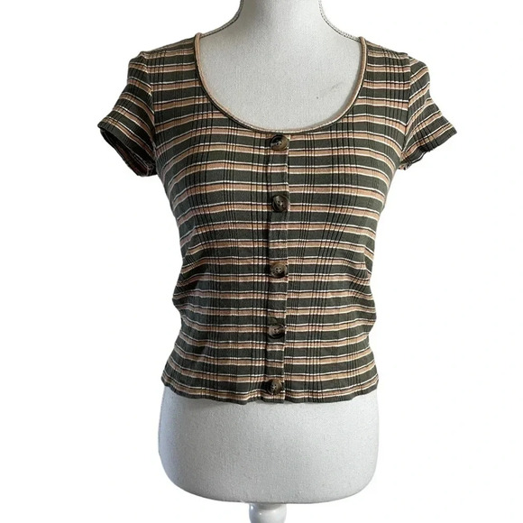 American Eagle Outfitters Tops - American Eagle Top XS Striped Button Accents Orange Green Knit Short Sleeves Top